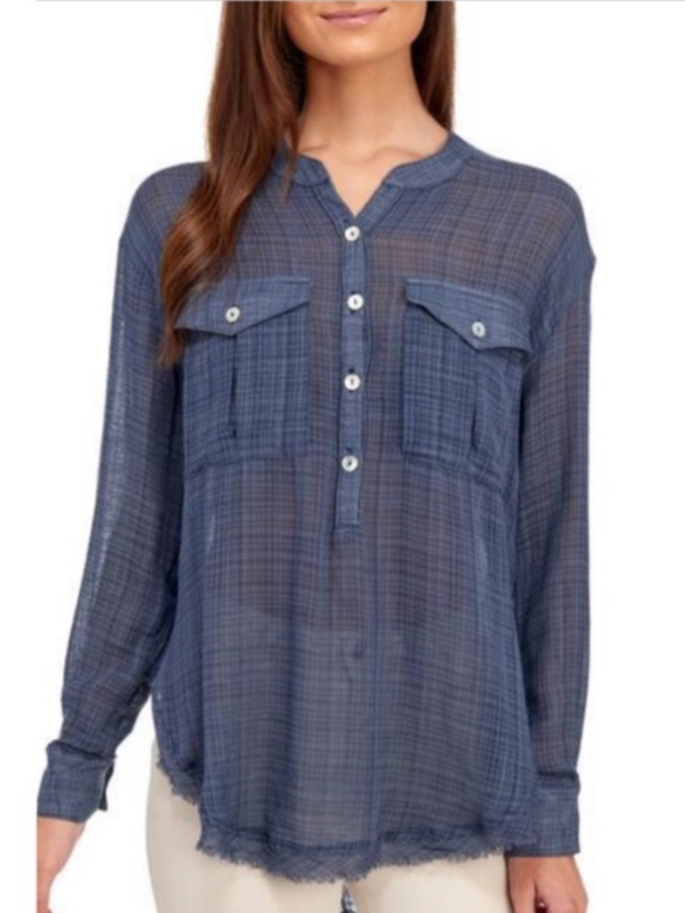 Free People Navy Plaid 1/4 Button-Front Tunic Blouse Gauze Long Sleeve Small